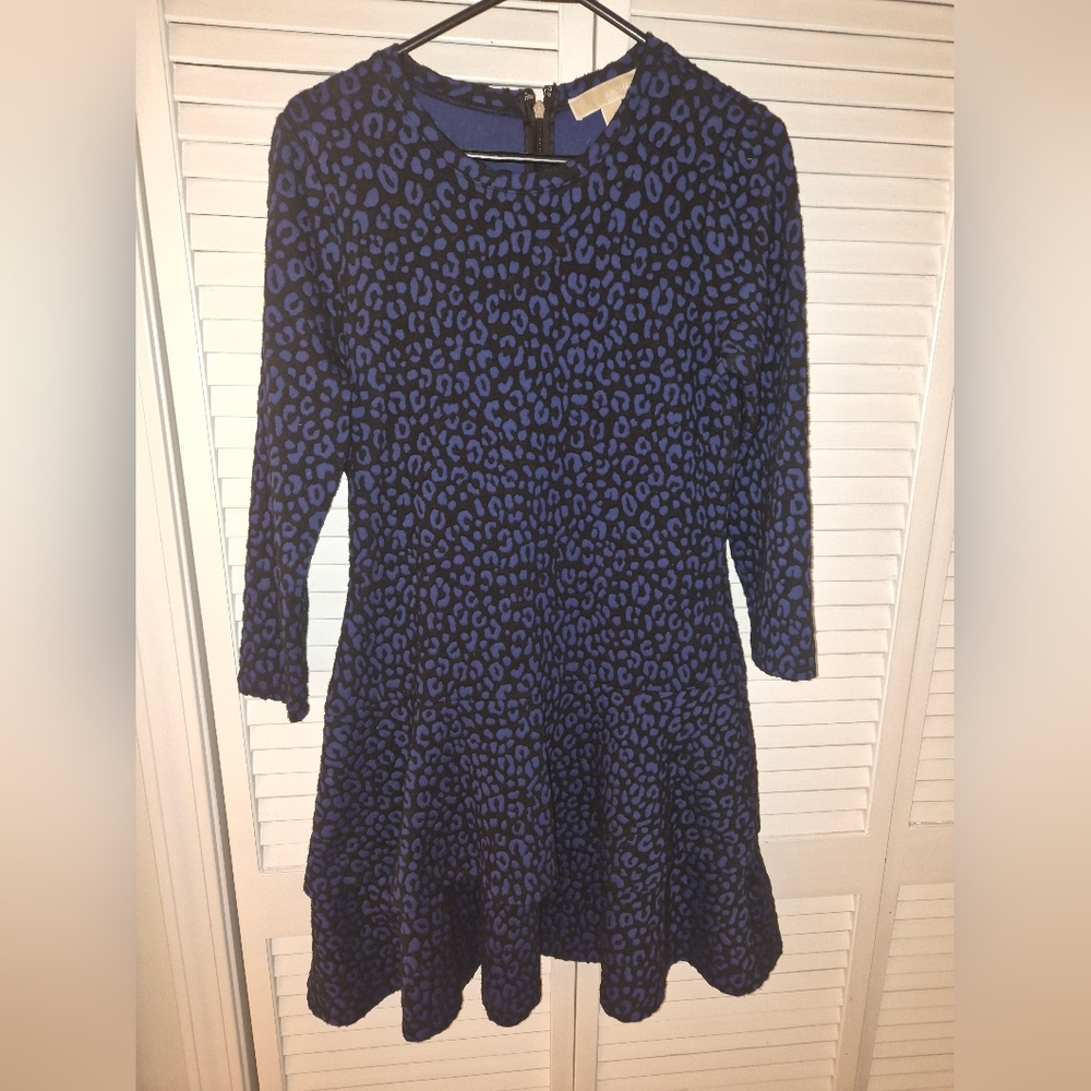 Michael Kors Blue and Black Leopard-Spot Fit & Flare Dress - Picture 2 of 4